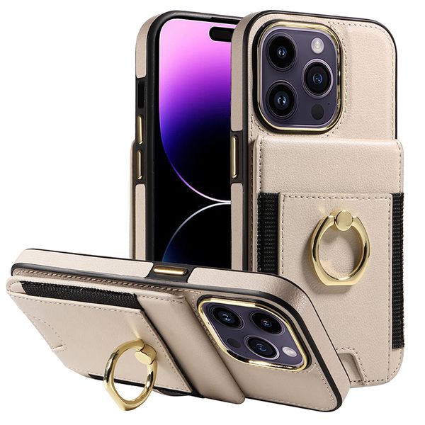 Für iPhone 15 Promax Back Cover Case Apple 14 Wallet IPhone13 Fingerringhalter Schutzhülle aus PU-Leder, stoßfeste Handyhüllen, Einsteckkarte mit Einzelhandelsverpackung