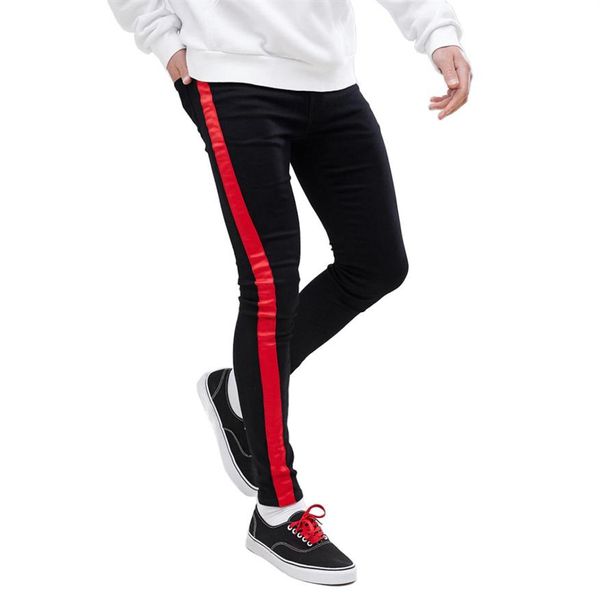 Красно-белые мужские джинсы с боковой полосой, узкие эластичные черные облегающие брюки, зауженные леггинсы, байкерские брюки-карандаш Comfy2507