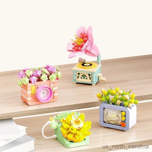 Bloklar Yaratıcı ve ilginç vintage kamera telefonu çiçek Bonsai masaüstü dekorasyon yapı blokları oyuncaklar hediyeler R230905