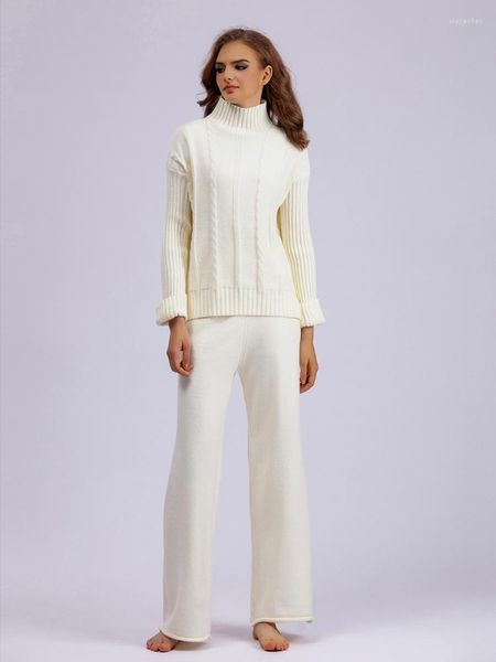 Женские брюки из двух предметов, осень-зима 2023, женская одежда, комплекты, свитер с высоким воротником и широкими штанинами, трикотажные комплекты, женские наряды