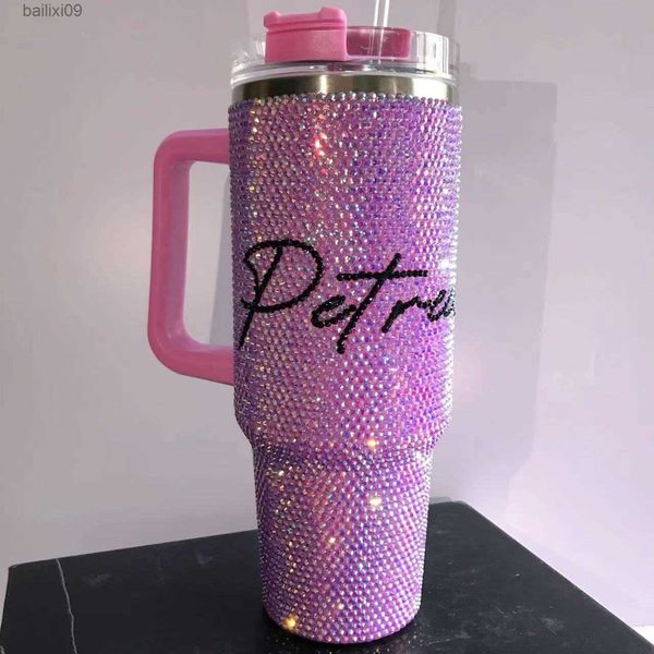 Tumblers personalizado strass 40oz tumbler com tampa de alça e garrafa térmica de palha presente de aço inoxidável para a mãe presente para ela T230905