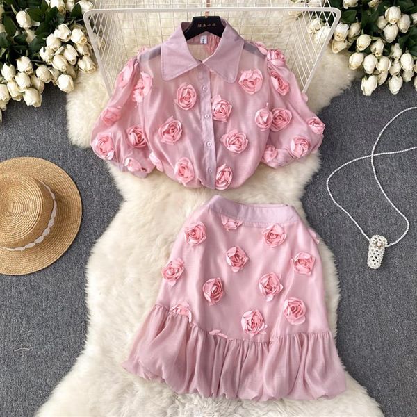 Vestido de duas peças verão pista 2 peças terno feminino lapela manga puff 3d apliques flor rosa blusas e mini babados saia 246z