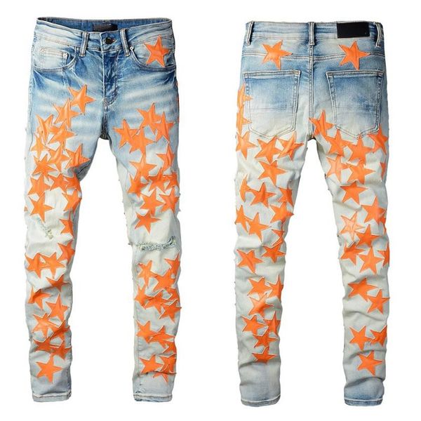 Jeans masculinos homens laranja estrela retalhos buraco azul streetwear homme rasgado homens motocicleta estiramento magro denim pant245u