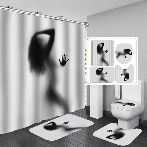 Nackte Frauen Schatten Duschvorhang mit Haken Sexy Mädchen Badezimmer Set rutschfester Teppich Toilettendeckel Pad Badematte für Heimdekoration 210609294g