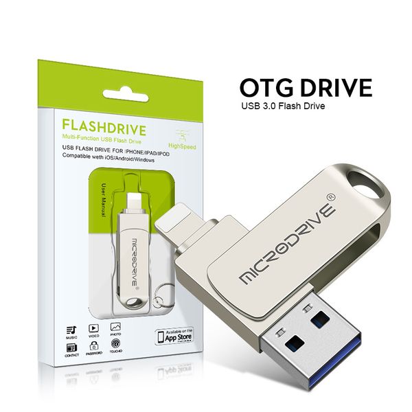 Schede di memoria Chiavetta USB 2 in 1 OTG USB 3.0 Tipo C A Lightning Pen Drive 64GB 128GB 256G Memory Stick Usb3.0 Disco flash Tipo-C Pen drive Stick Drive