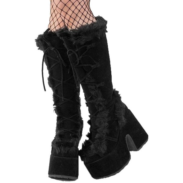 Siyah Furry Platform Tıknaz Yüksek Topuklu Kış Sonbahar Diz Yüksek Botlar Kadın Sahte Kürk Zip Gotik Stil Punk Ayakkabıları Bayanlar için Büyük Boy KIZ PARTİ AYKAKLARI