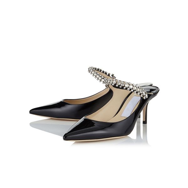 Sandali da donna di lusso Décolleté Famosi London BING 65 mm Pelle nera Punta italiana a punta Slingback Cinturino alla caviglia in cristallo Designer Abito da sera Sandalo Tacchi alti EU 35-43