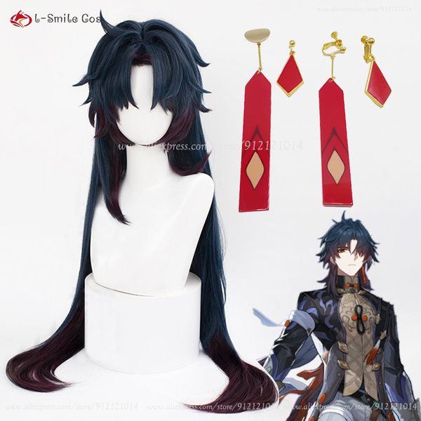 Cosplay perukları yüksek kaliteli honkai yıldız ray bıçağı cosplay peruk 90cm mavi gradyan kırmızı peruk küpe ısıya dayanıklı saç cos anime peruklar peruk kapağı 230904