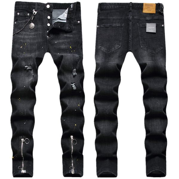 Jeans masculinos moda italiana calça preta pés duplo pull top zíper pintura decorativa pendurado elástico masculino 230904