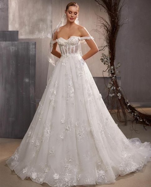 Abiti da sposa eleganti in pizzo con spalle scoperte lunghe A-Line Tulle Avorio Sweep Train Abito da sposa Corsetto Indietro Vestido de novia Abiti da donna