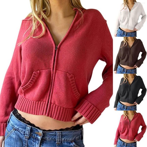 Hoodies femininos outono e inverno zip up manga longa colheita hoodie das mulheres camisolas com nervuras malha recortada camisola pullovers jaquetas curtas