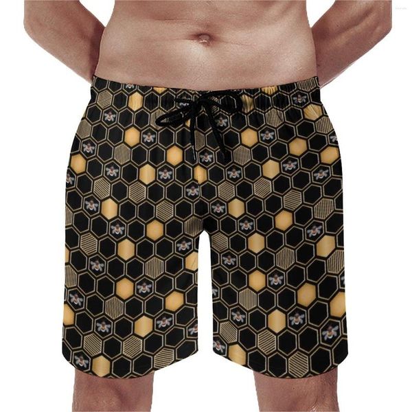 Shorts masculinos Board Bees Imprimir Hawaii Swim Trunks Honeycomb Geométrico Homens Secagem Rápida Esportes Na Moda Oversize Calças Curtas