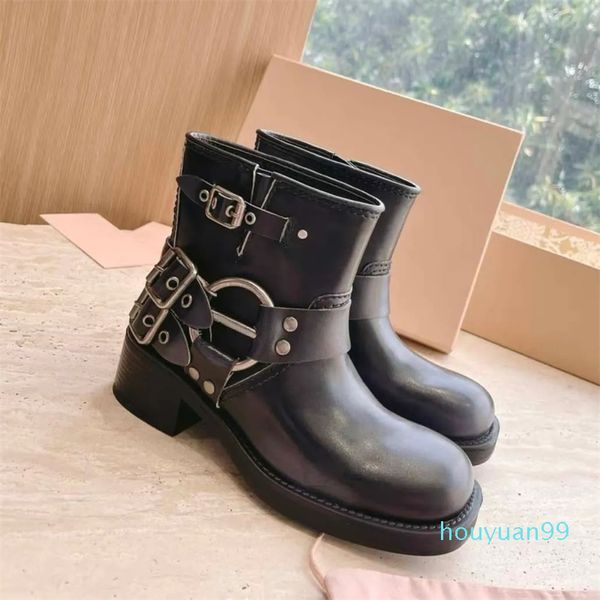 Designer-Stiefel für Damen, Harness-Gürtel, Rindsleder mit Schnalle, Biker-Kniestiefel, klobiger Absatz, Reißverschluss, Ritterstiefel, eckige Zehenpartie, Stiefeletten für Damen