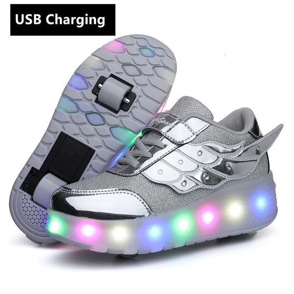 Сапоги Satu Dua Roda USB Pengisian Sepatu Lampu со светодиодной подсветкой для роликовых коньков Anak Anak Anak Laki Laki Perempuan Light Up Unisex 230905