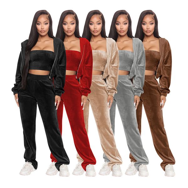 Womens Tracksuits 3pcs Velour Mulheres Tracksuit Outfit Velvet Sportswear Hoodie Jaqueta Sweatpant Correndo Jogger Outfit Casual Workout Set Sport Terno 230904