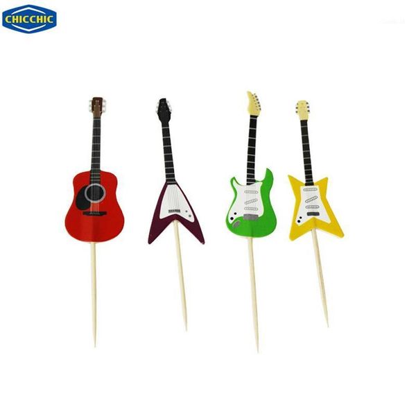 CHICCHIC 24pcs um conjunto de guitarra colorida 4 formas cupcake toppers bolo picaretas decoração com palitos2373