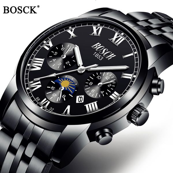 Relógios de pulso Bosck Marca Luxo Homens Relógios Esporte Quartzo À Prova D 'Água Clássico Mens Banda de Aço Inoxidável Data Auto 230905