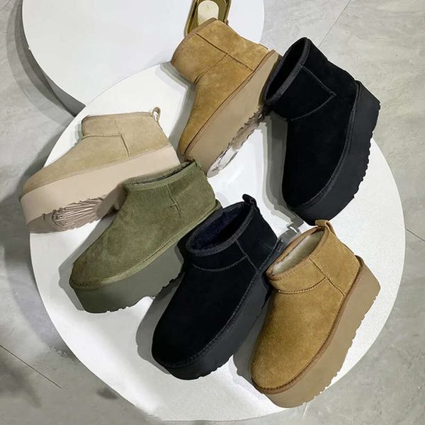 com caixa Ultra Mini Bota Semente de Mostarda Tazz Chinelos Plataforma Austrália Botas de Neve Designer Mulher Sola Grossa Couro Real Mulas Fofas Quentes