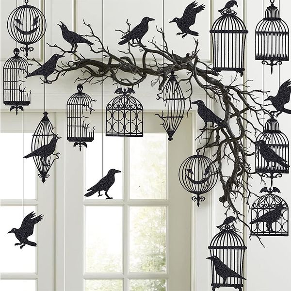 Outros suprimentos de festa de evento Glitter Black Crow Gaiola Decorações de Halloween para Árvore Gótica Pendurada Raven Bird Banner Garland 230904