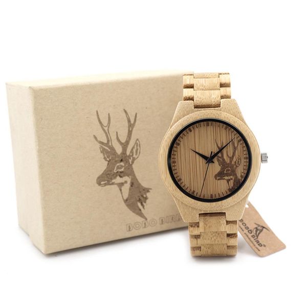 BOBO Bird Classic Bambus Holz Uhr Elch Hirschkopf lässige Armbanduhr Bamboo Band Quarz Uhren für Männer Frauen289a