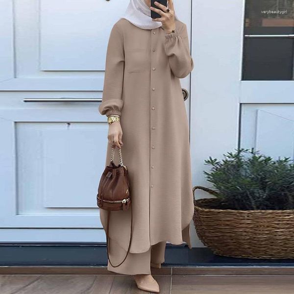 Calças de duas peças femininas longo tshirt topos conjunto de duas peças y2k 2023 verão muçulmano abaya define roupas islâmicas femininas camisa de perna larga topo