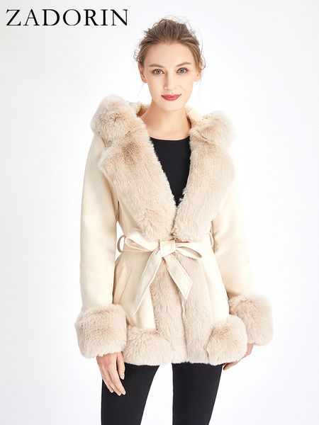 Женское зимнее пальто из искусственного меха ZADORIN, женское замшевое пальто с меховым капюшоном черного цвета с поясом, толстые теплые куртки-кардиганы для 230904