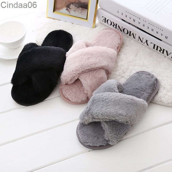 vendita all'ingrosso pantofole in pelliccia invernale incrociate in peluche con fondo piatto da donna alla moda confortevoli autunno inverno casa scivoli in cotone da donna