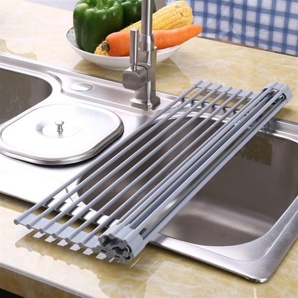Enrole o rack de secagem de pratos sobre a pia, tapete de secagem de pratos de silicone multiuso extra grande cinza Y200429217c