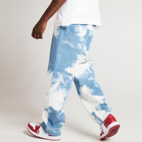 Homens casuais soltos calças jeans retas tie dye print céu azul calças longas calças retas comprimento total alta tie dye S-3XL187D