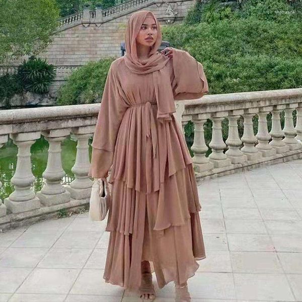 Этническая одежда Дубай Турция Арабская Абая шифоновое кимоно для женщин мусульманское однотонное 3-слойное открытое исламское платье кардиган