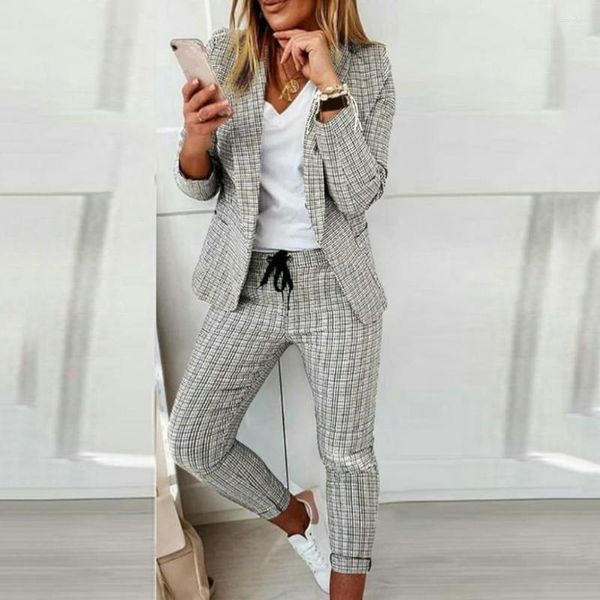 Calças femininas de duas peças Mulheres Casaco Conjunto Lapela Manga Longa Cordão Cintura Elástica Slim Fit Nono Formal Business Blazer Calças Terno