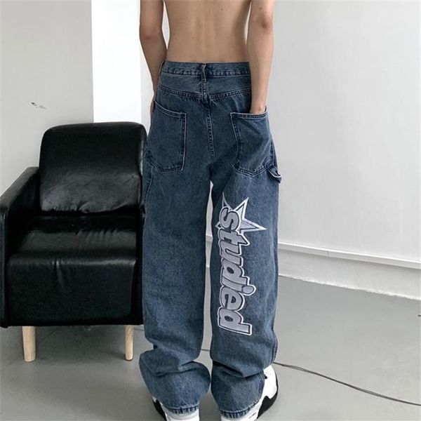 Autunno streetwear retrò hip-hop lettera ricamo jeans pantaloni larghi a gamba dritta gamba larga per uomini e donne coppie 220308278F