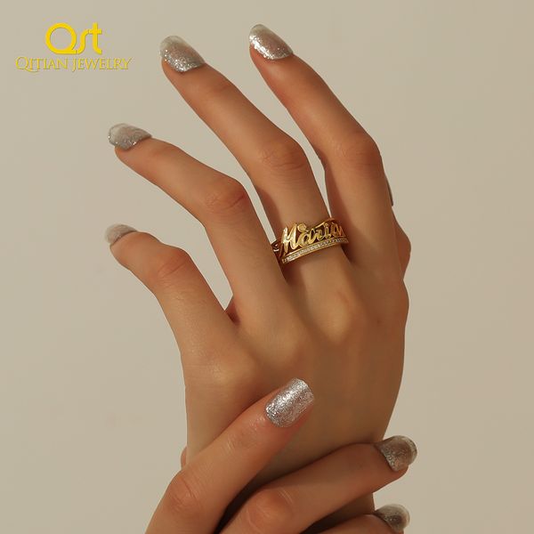 Обручальные кольца Qitian cincin nama 3D kustom baja tahan karat perhiasan Hip Hop dengan berlian CZ Kristal Untuk Wanita Pria kepribadian Hadiah Hari Ibu 230904