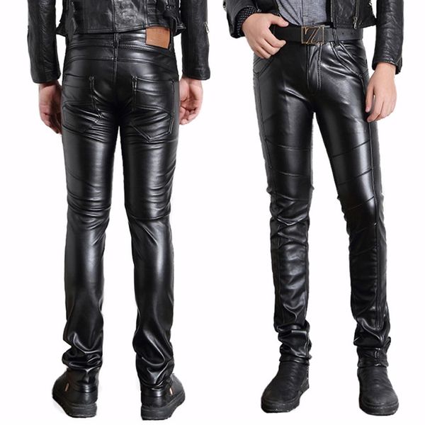 Calças de couro sintético pretas masculinas inteiras para motocicleta motociclista calças de PU para homens moda slim fit lápis pant311E