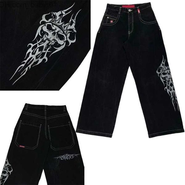 Erkekler Kot y2k kot erkekler harajuku hip hop retro retro kafatası grafik bülbeli kot pantolon 2023 yeni gotik büyük boy geniş pantolon sokak kıyafetleri t230905