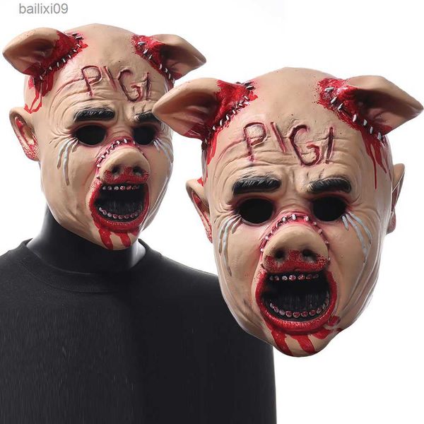 Маски для вечеринок Horror Saw Cry Pig Head Mask Косплей Кровавый убийца демонов Шлем животных Хэллоуин Карнавал Ночной клуб Костюм для вечеринки Реквизит T230905