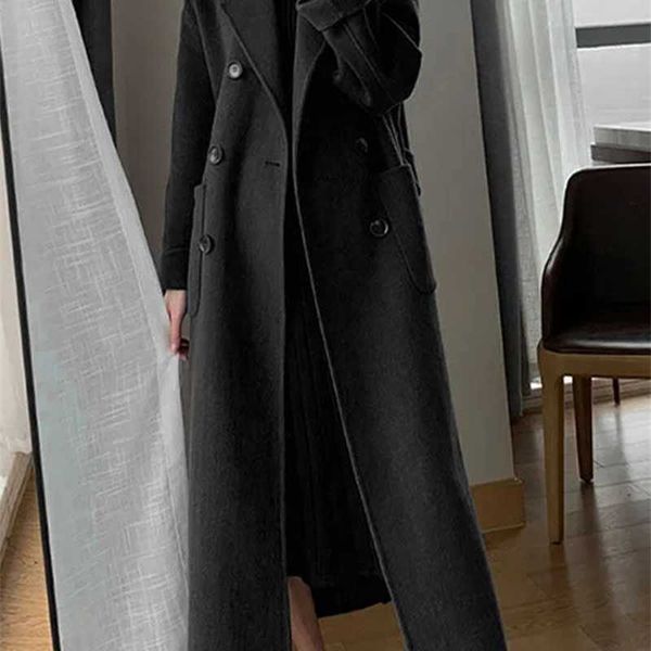 Misturas de lã feminina Jmprs inverno casaco longo de lã casual feminino duplo breasted jaqueta de lã falsa outono moda coreana senhoras roupas pretas novo HKD230904