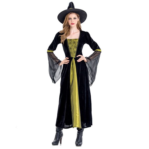 Tema traje de halloween figurino de bruxa feminino adulto adulto fantaasia vestido longo hat cosplay roupas para mulher 230904