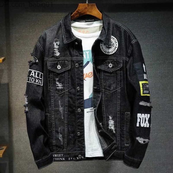 Männer Jacken Männer Marke Denim Jacke Streetwear Punk Motorrad Ripped Print Cowboy Mäntel Hohe Qualität Casual Loch Lose Männliche Jeans outwear T230905