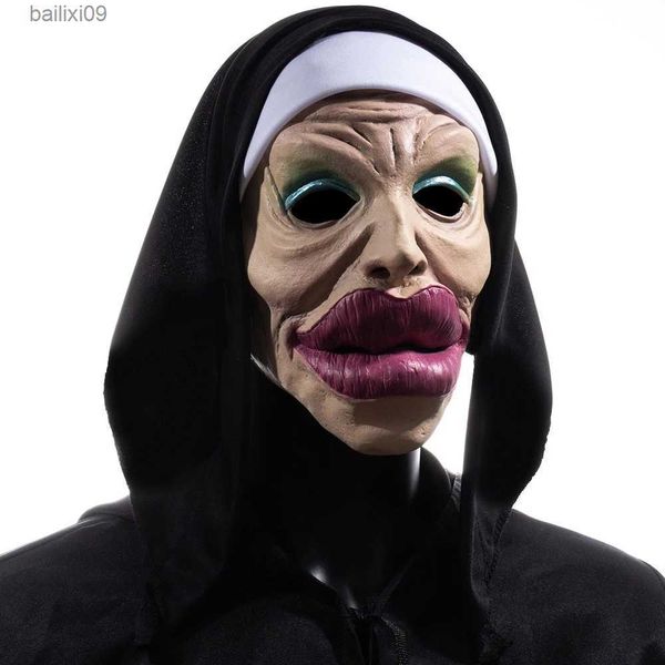 Máscaras de festa adulto cosplay látex freira máscara elástica meia face humorístico engraçado halloween máscara horrível masque horror spoof adereços t230905