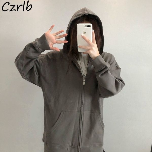 Kadın Hoodies Sweatshirts Kadın Pocket Zipup Vintage Sold Basit Hooded Kore Stil INS GOOL öğrenciler Allmatch Moda Mujer Rahat İhale 230904