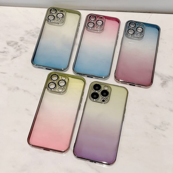 Bling Gradient TPU Case para Iphone 15 Plus 14 13 12 Pro MAX 11 Protetor de lente de luxo cromado câmera macia Furo fino Chapeamento metálico transparente transparente tampa traseira do telefone