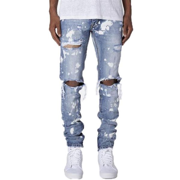 Männer Paint Ripped Jeans Hollow Out Middle Waist Skinny Hose mit Taschen Casual Style Bottoms2632