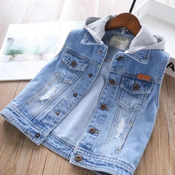 Weste, ärmellose Taschen, einreihig, für Jungen und Mädchen, modische Kinder-Denim-Kapuzenweste, vielseitiges Kinder-Tanktop für 3–12 Jahre, 230904