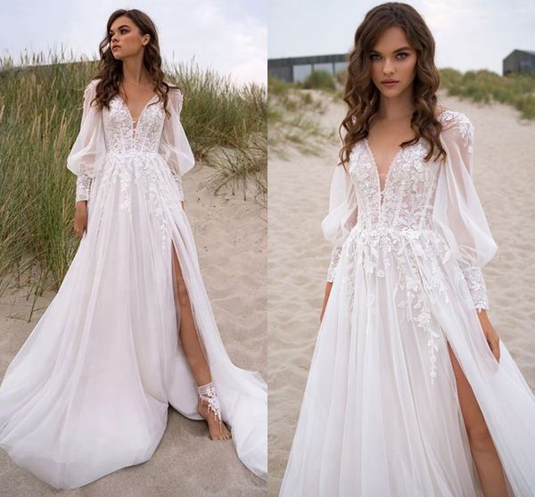 Пляжное свадебное платье с v-образным вырезом 2024, рукава-фонарики с высоким разрезом и открытой спиной, платье невесты в стиле бохо, кружевная аппликация, тюль, халат на заказ De Mariee