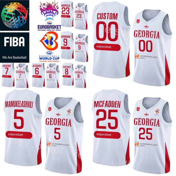 Stampa Coppa del Mondo 2023 Maglie da basket Georgia National 25 Thaddus McFadden 23 Shengelia 5 Mamukelashvili 4 Rati Andronikashvili 35 Goga Bitadze 10 Duda Sanadze