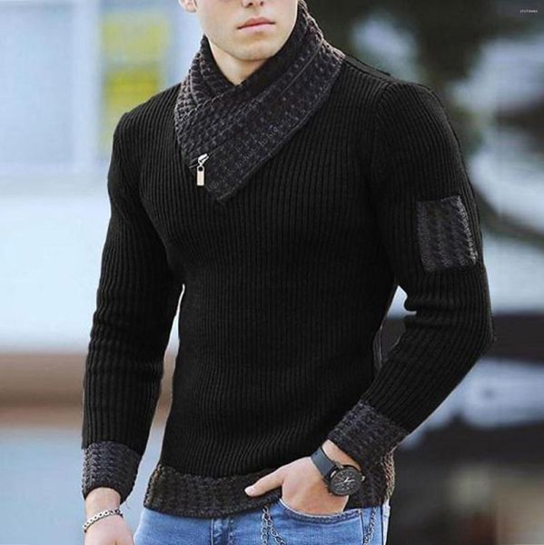Мужские свитера, однотонный свитер с шарфом, теплый английский пуловер с воротником-стойкой, мужской эластичный трикотаж большого размера с длинными рукавами, облегающий крой