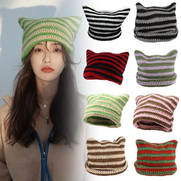 Beanie/Totenkopf-Kappen, trendige kleine Teufel-Strickmütze, gestreift, für Damen und Mädchen, Herbst-Winter, niedliches Teufelshorn, Katzenohren, lässige Häkelmütze 230905