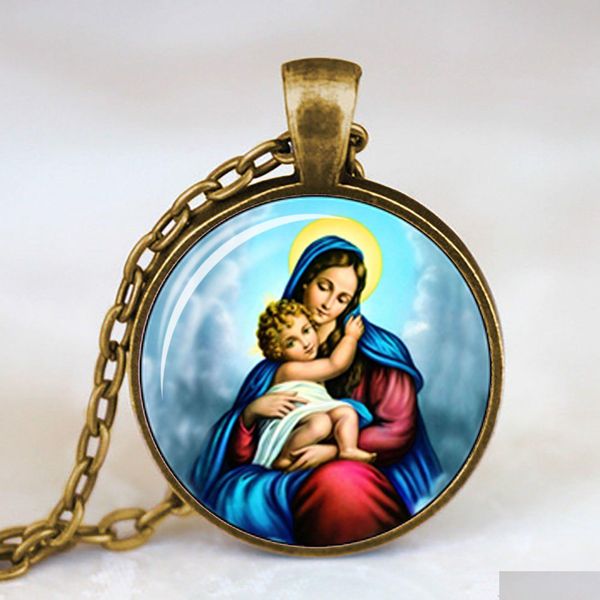 Anhänger Halsketten Heilige Jungfrau Maria Mutter des Babys Halskette Jesus Christus Christlich Katholisch Relius Glasschmuck Geschenk für Männer Frauen Dhy53