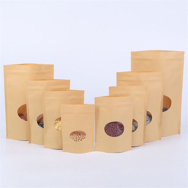 Levante-se sacos de papel kraft com janela redonda amarelo kraft pacote armazenamento alimentos secos frutas chá malotes de produtos eletrônicos lx0056